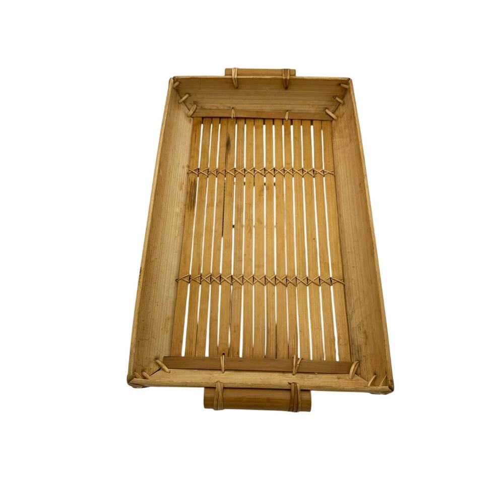 Mid 20th Century Light Bamboo Slat Lap Serving Tray with Cane Handle 16" x 9"